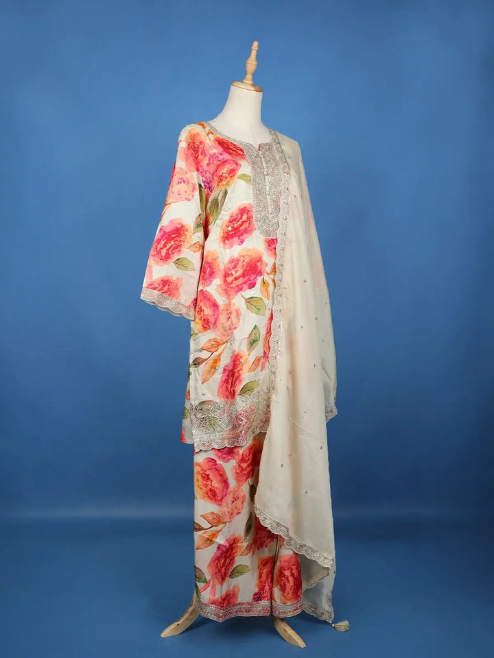 Off White Floral Printed Georgette Palazzo Salwar Suit - Diadem