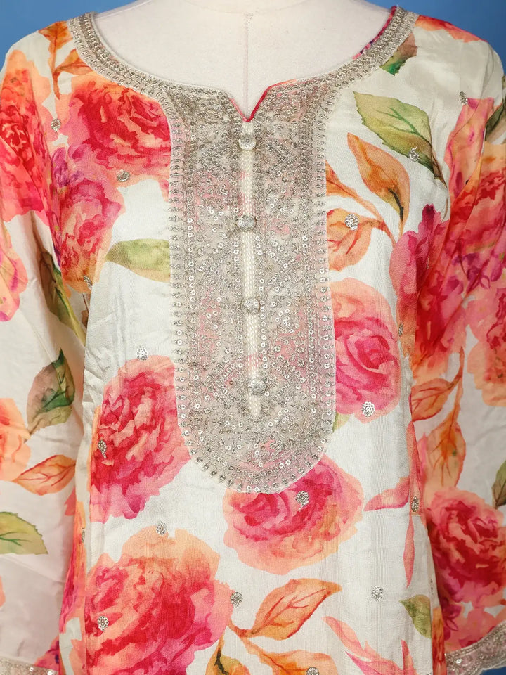 Off White Floral Printed Georgette Palazzo Salwar Suit - Diadem