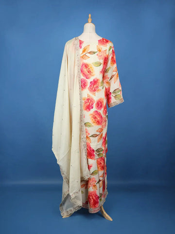 Off White Floral Printed Georgette Palazzo Salwar Suit - Diadem