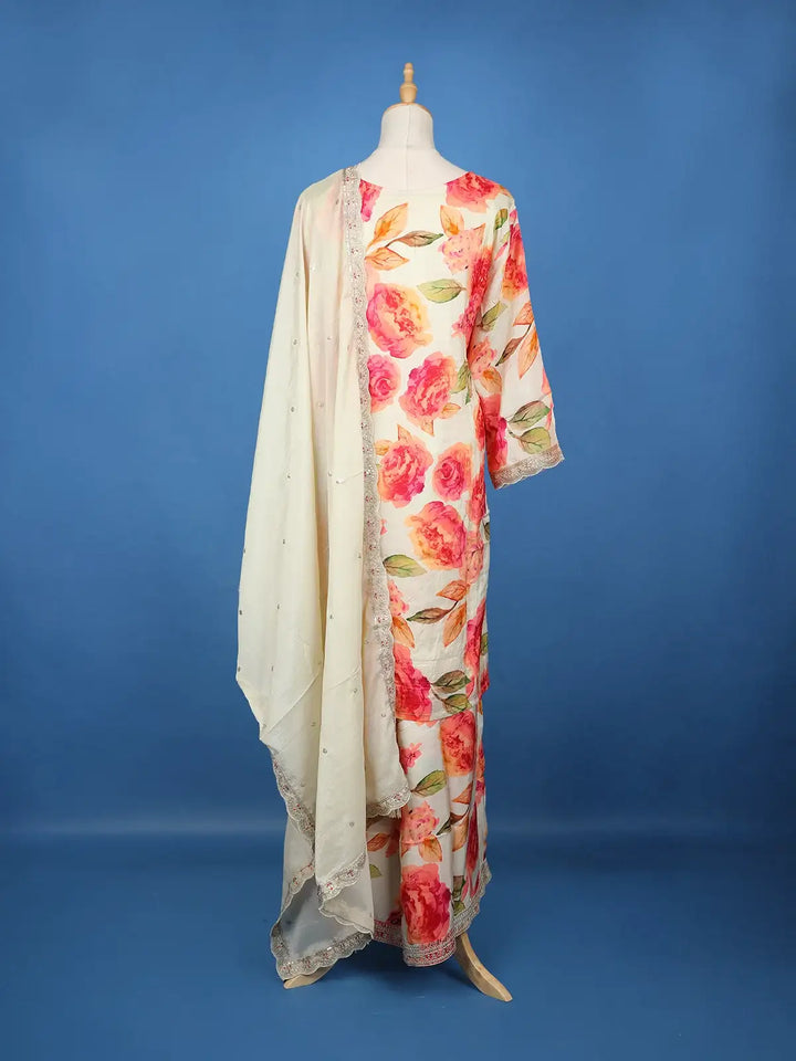 Off White Floral Printed Georgette Palazzo Salwar Suit - Diadem