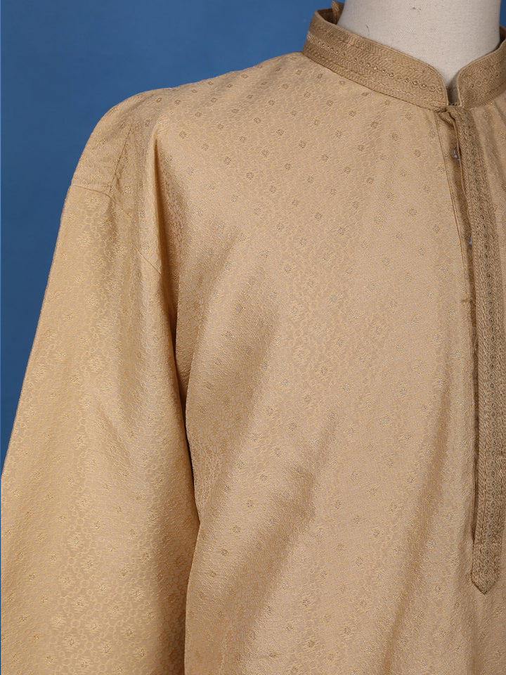 Sandal Beige Small Flower Designs Silk Kurta Set With Pant - Diadem
