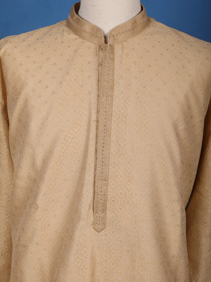 Sandal Beige Small Flower Designs Silk Kurta Set With Pant - Diadem