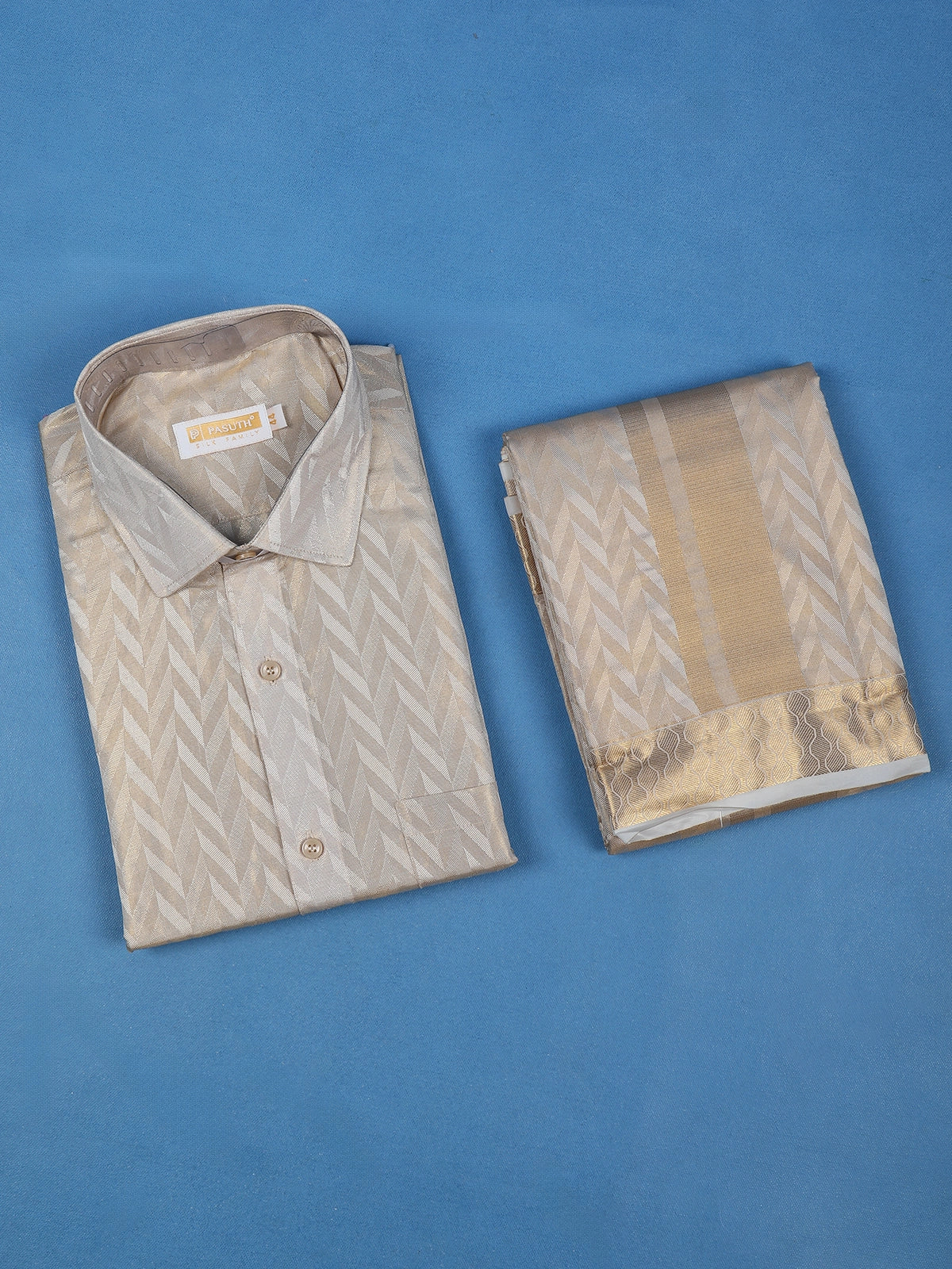 Sandal Jacquard Designed Silk Full-Sleeve Shirt with Matching Dhoti Set