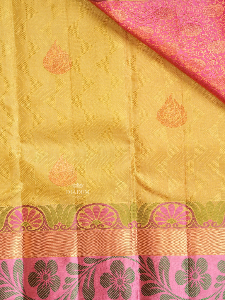 Yellow Pure Kanchipuram Silk Saree With Floral Patterns On the Body, With Designed Border