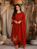 Scarlet Red Floral Thread Embroidered Design Cotton Straight Cut Salwar Suit with Dupatta