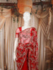 Scarlet Red Floral Vine Sequins Embroidered Design Net Party Wear Saree with Scalloped Border