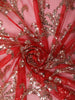 Scarlet Red Floral Vine Sequins Embroidered Design Net Party Wear Saree with Scalloped Border