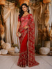 Scarlet Red Floral Vine Sequins Embroidered Design Net Party Wear Saree with Scalloped Border