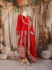 Scarlet Red Paisley Zari Embroidered and Stone Embellished Design Semi Silk Anarkali Salwar Suit with Matching Dupatta