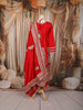 Scarlet Red Paisley Zari Embroidered and Stone Embellished Design Semi Silk Anarkali Salwar Suit with Matching Dupatta