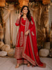 Scarlet Red Paisley Zari Embroidered and Stone Embellished Design Semi Silk Anarkali Salwar Suit with Matching Dupatta