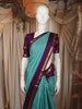 Sea Aqua Blue Checked Woven Design Pure Kanchipuram Silk Saree with Contrast Double Zari Border