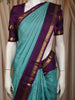 Sea Aqua Blue Checked Woven Design Pure Kanchipuram Silk Saree with Contrast Double Zari Border