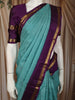 Sea Aqua Blue Checked Woven Design Pure Kanchipuram Silk Saree with Contrast Double Zari Border