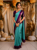 Sea Aqua Blue Checked Woven Design Pure Kanchipuram Silk Saree with Contrast Double Zari Border