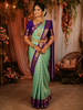 Sea Green Checked Zari Woven Design Pure Kanchipuram Silk Saree with Contrast Double Zari Border