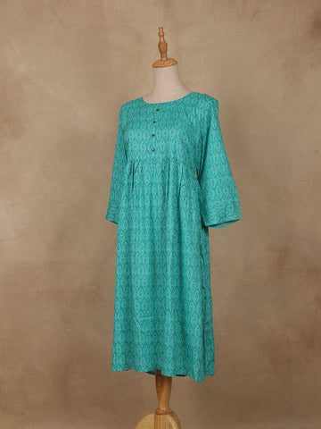 Sea Green Geometric Printed Cotton Kurti - Diadem