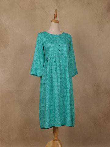 Sea Green Geometric Printed Cotton Kurti - Diadem