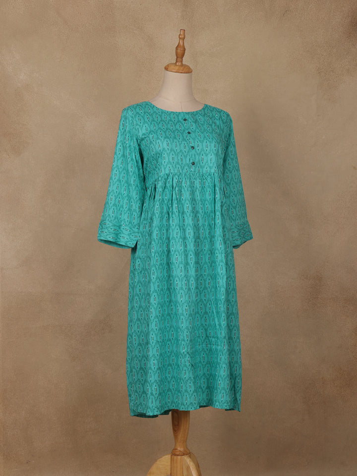 Sea Green Geometric Printed Cotton Kurti - Diadem