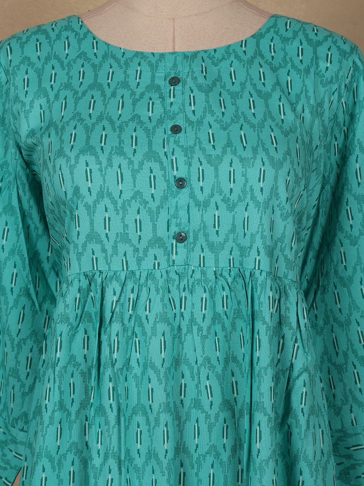 Sea Green Geometric Printed Cotton Kurti - Diadem