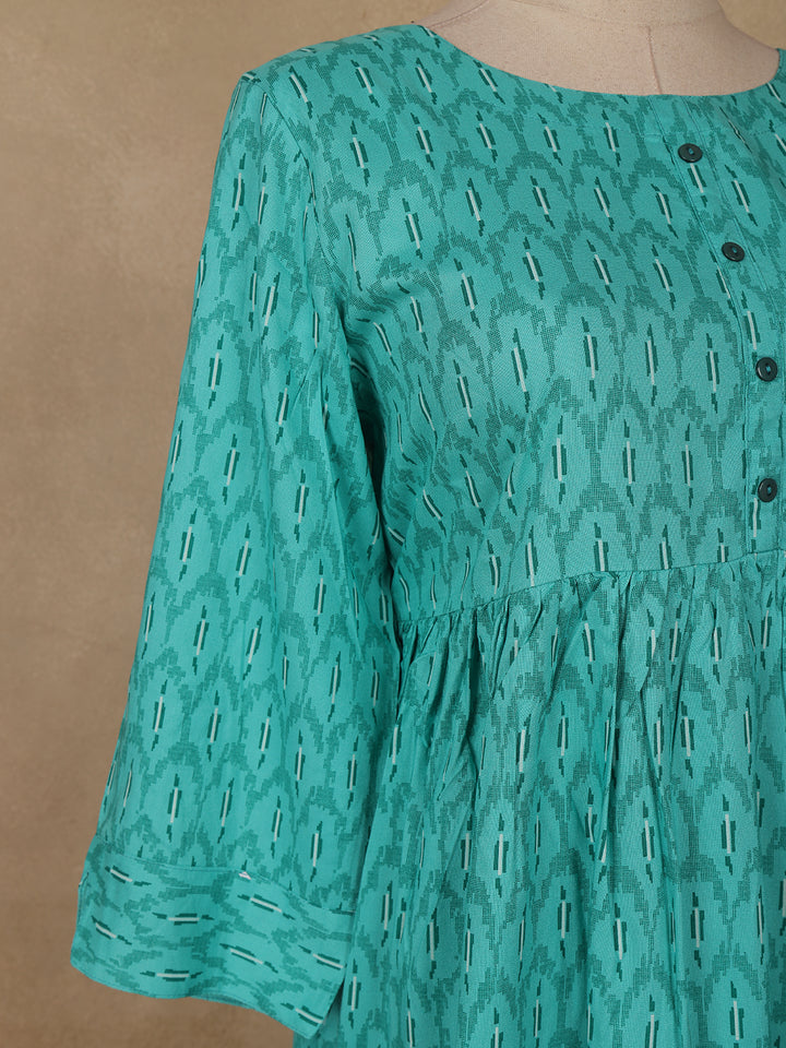 Sea Green Geometric Printed Cotton Kurti - Diadem