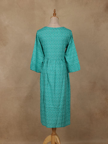 Sea Green Geometric Printed Cotton Kurti - Diadem