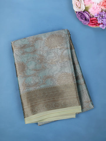 Sea Green Floral Design Woven Tissue Silk Saree - Diadem