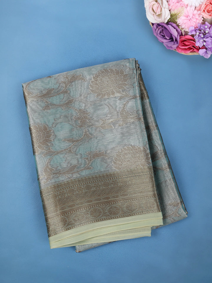 Sea Green Floral Design Woven Tissue Silk Saree - Diadem