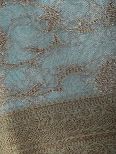 Sea Green Floral Design Woven Tissue Silk Saree - Diadem