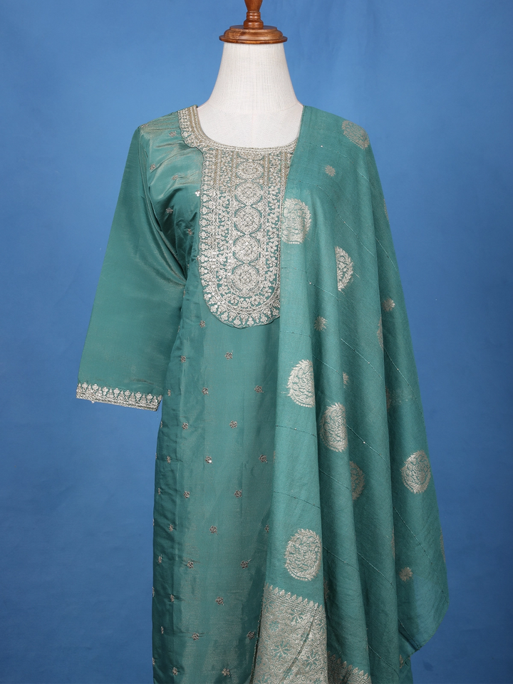 Sea Green Floral Design Emroidery Silk Salwar Suit - Diadem