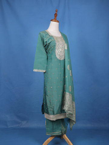 Sea Green Floral Design Emroidery Silk Salwar Suit - Diadem