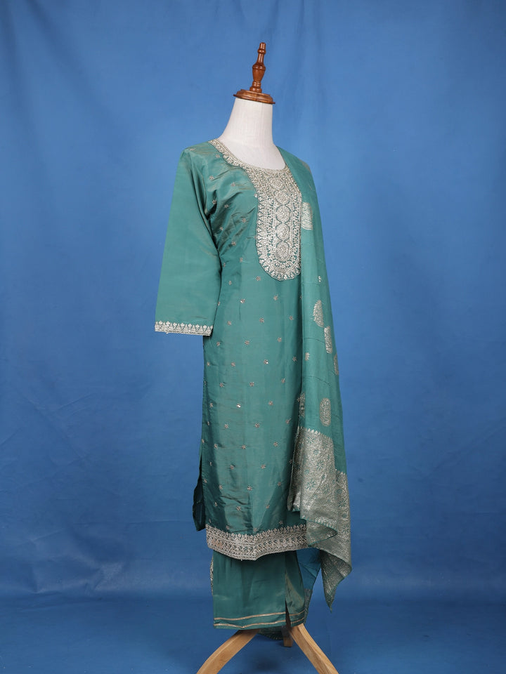 Sea Green Floral Design Emroidery Silk Salwar Suit - Diadem