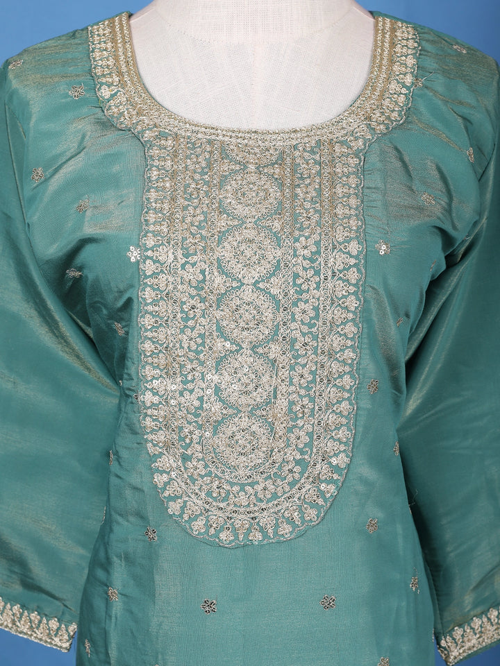 Sea Green Floral Design Emroidery Silk Salwar Suit - Diadem