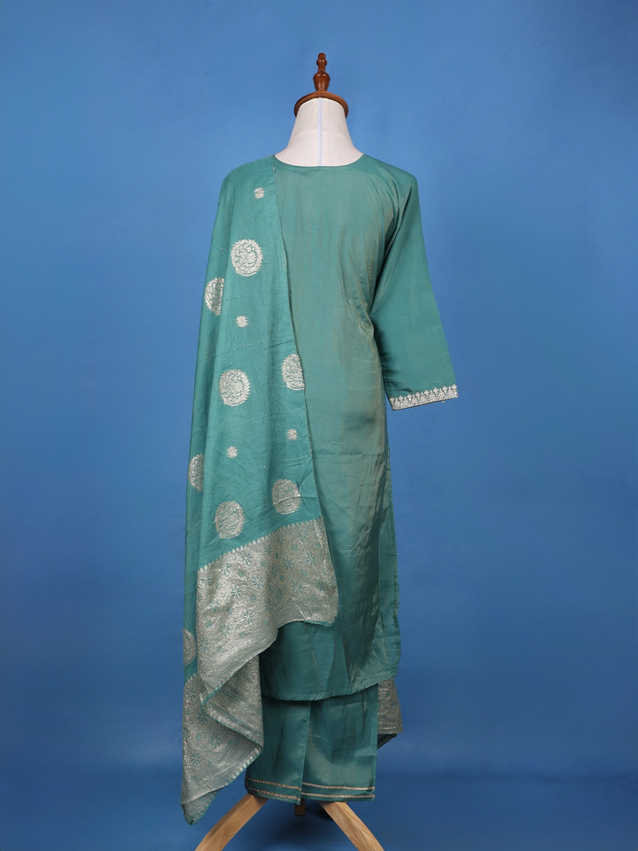 Sea Green Floral Design Emroidery Silk Salwar Suit - Diadem