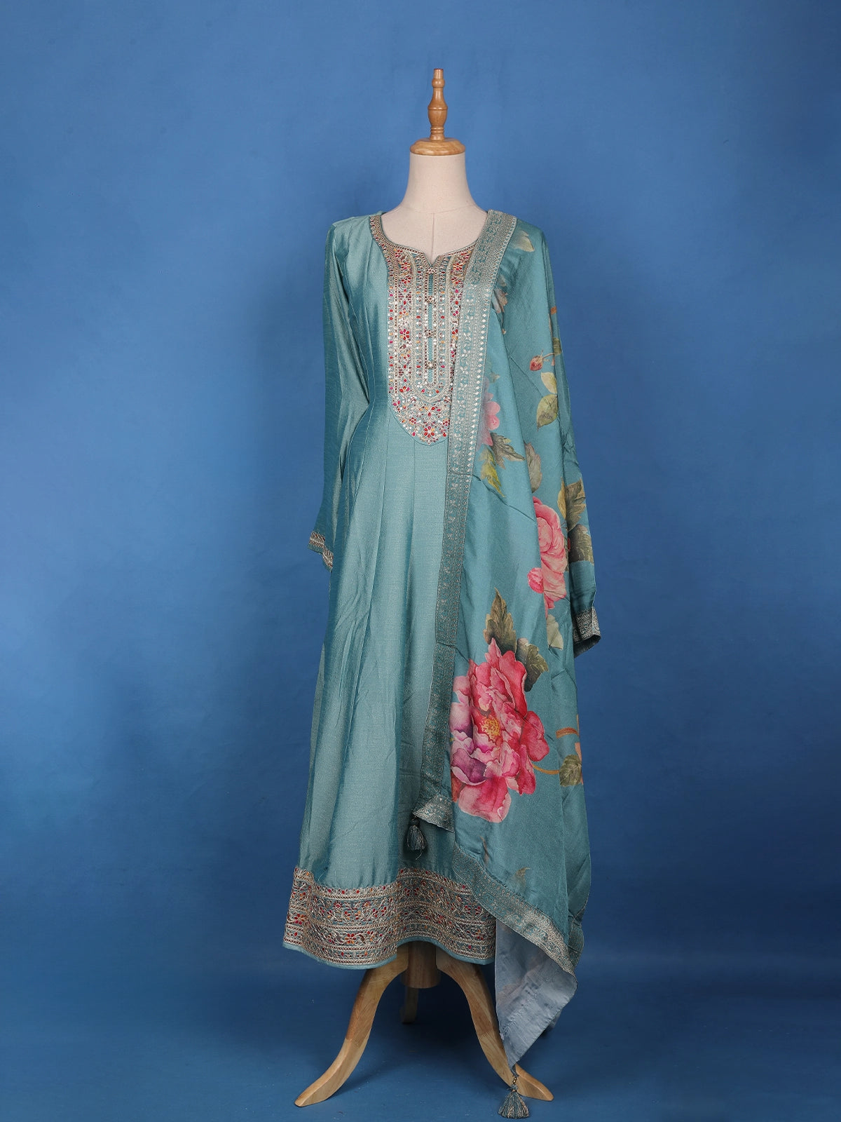 Sea Green Floral Digital Print with Embroidery Georgette Salwar Suit - Diadem