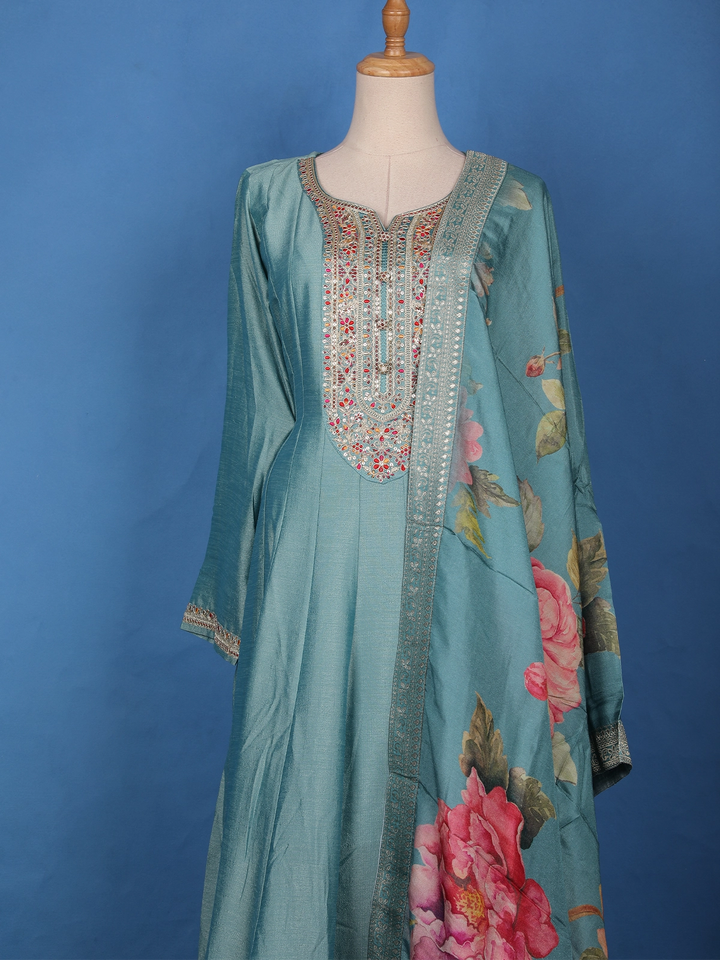 Sea Green Floral Digital Print with Embroidery Georgette Salwar Suit - Diadem