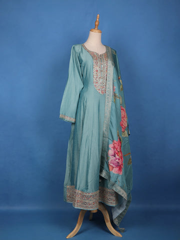 Sea Green Floral Digital Print with Embroidery Georgette Salwar Suit - Diadem