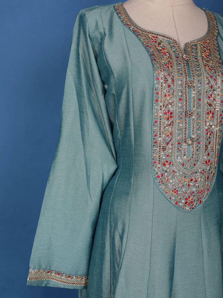 Sea Green Floral Digital Print with Embroidery Georgette Salwar Suit - Diadem