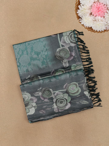 Sea Green Floral Digital Printed Silk Saree - Diadem