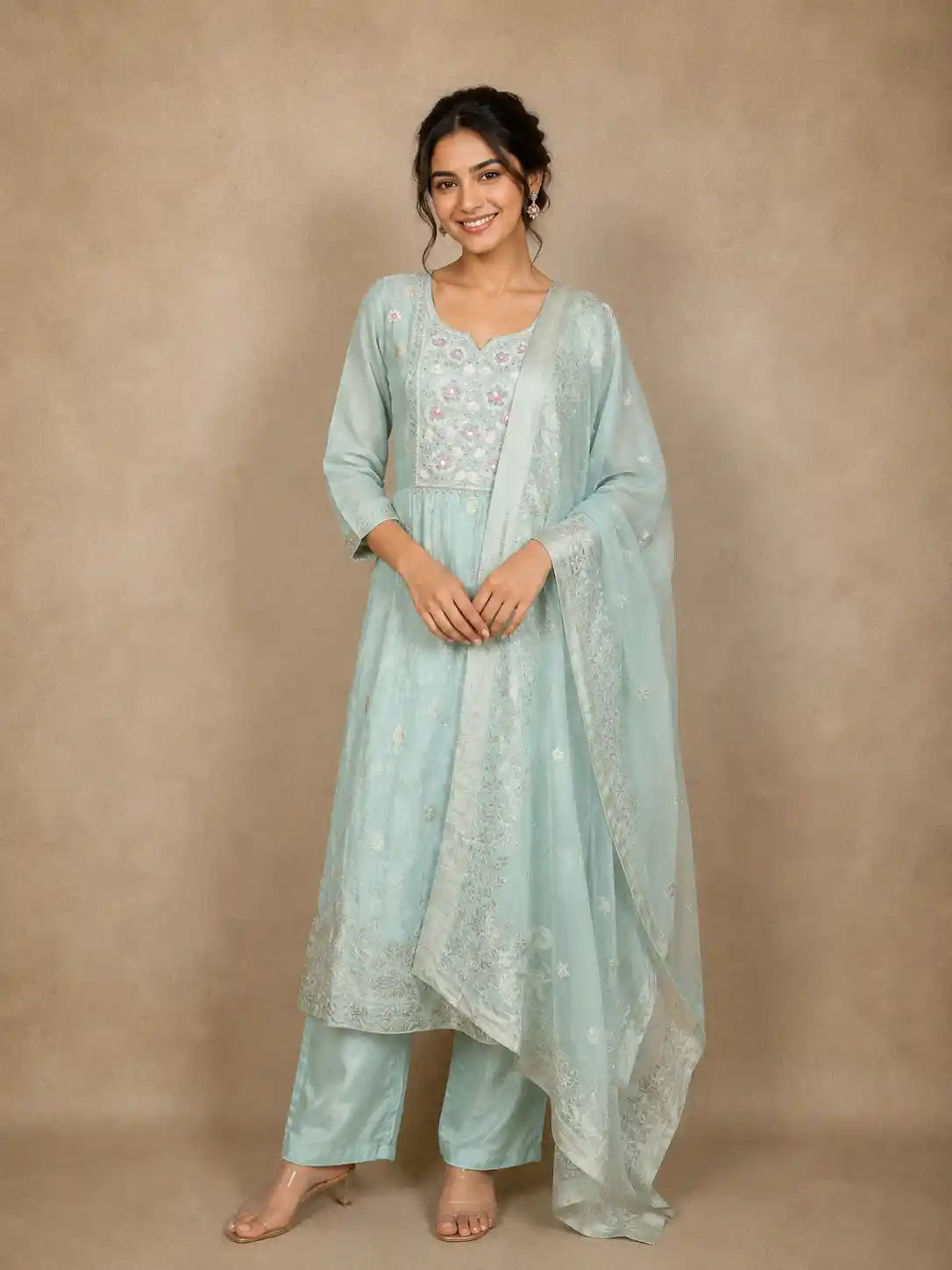 Sea Green Floral Embroidered Tissue Silk Salwar Suit with Dupatta