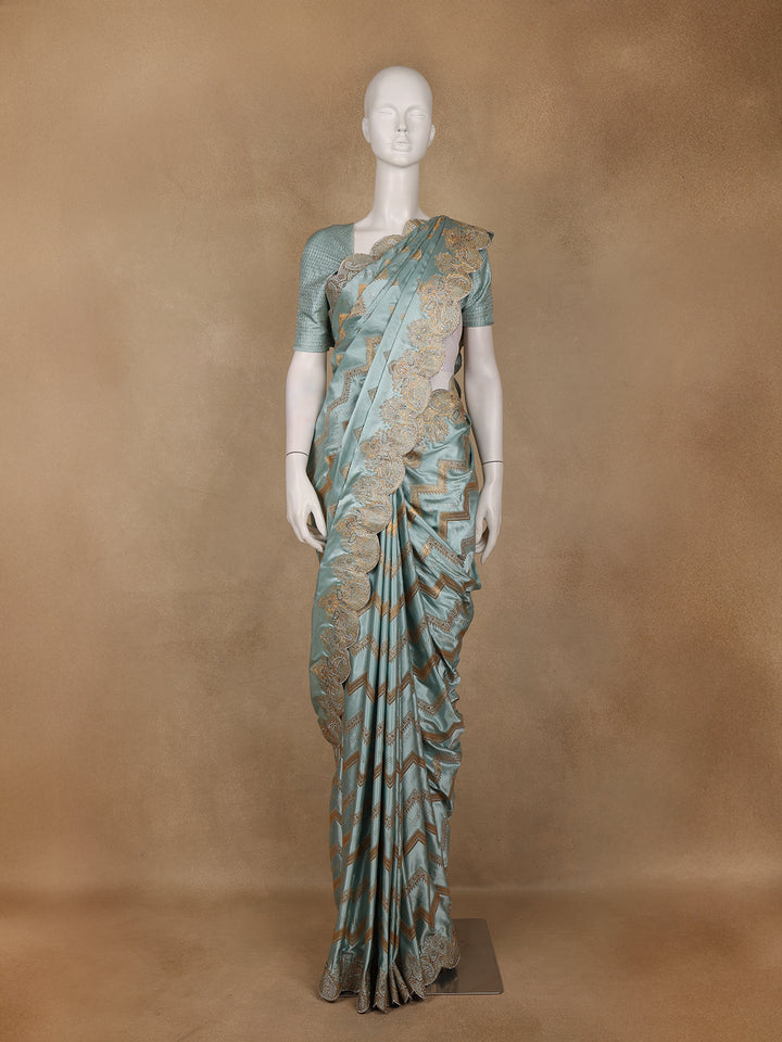 Seafoam Blue Zigzag Designed Satin Saree With Scalloped Embroidered Border - Diadem