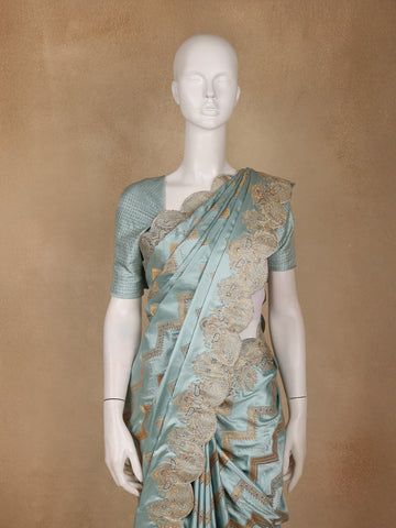 Seafoam Blue Zigzag Designed Satin Saree With Scalloped Embroidered Border - Diadem