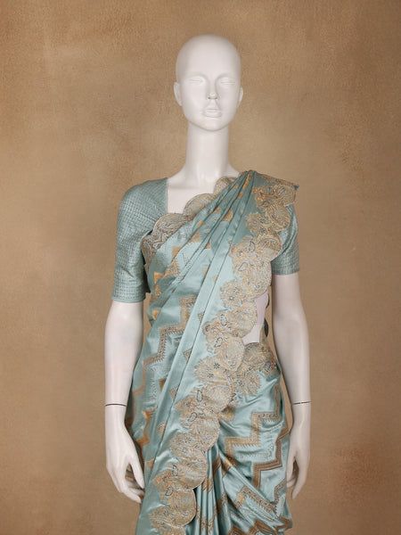 Seafoam Blue Zigzag Designed Satin Saree With Scalloped Embroidered Border - Diadem