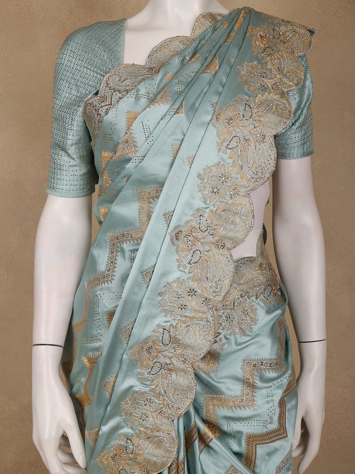 Seafoam Blue Zigzag Designed Satin Saree With Scalloped Embroidered Border - Diadem