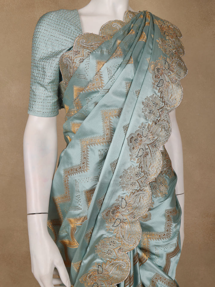 Seafoam Blue Zigzag Designed Satin Saree With Scalloped Embroidered Border - Diadem