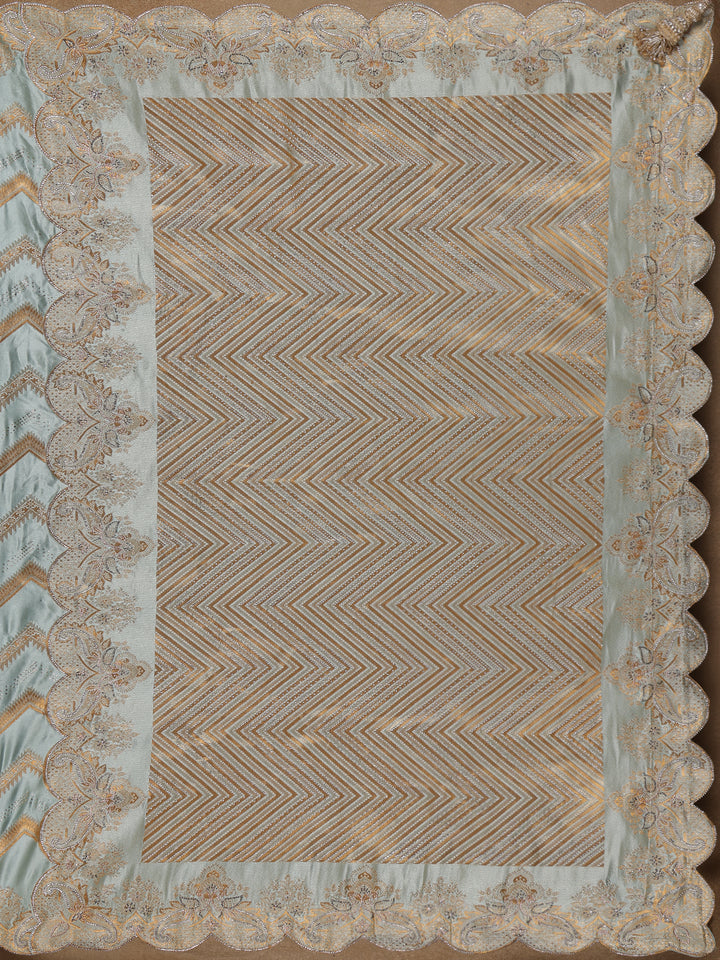 Seafoam Blue Zigzag Designed Satin Saree With Scalloped Embroidered Border - Diadem