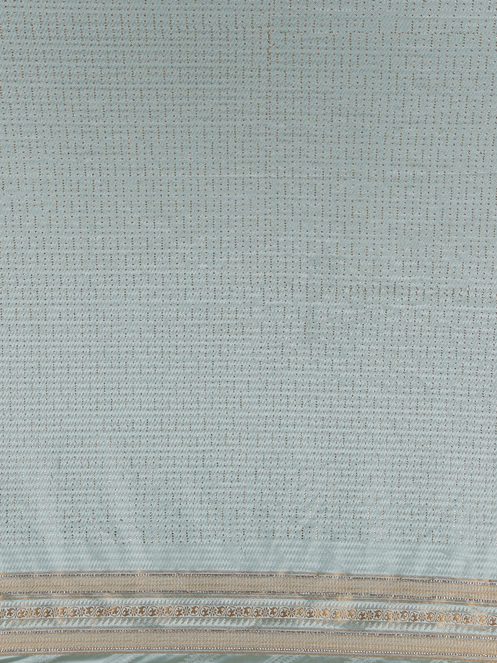 Seafoam Blue Zigzag Designed Satin Saree With Scalloped Embroidered Border - Diadem