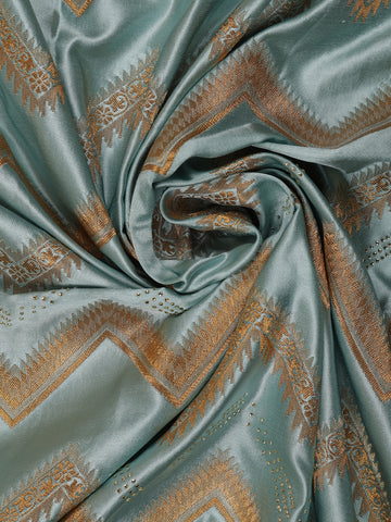 Seafoam Blue Zigzag Designed Satin Saree With Scalloped Embroidered Border - Diadem