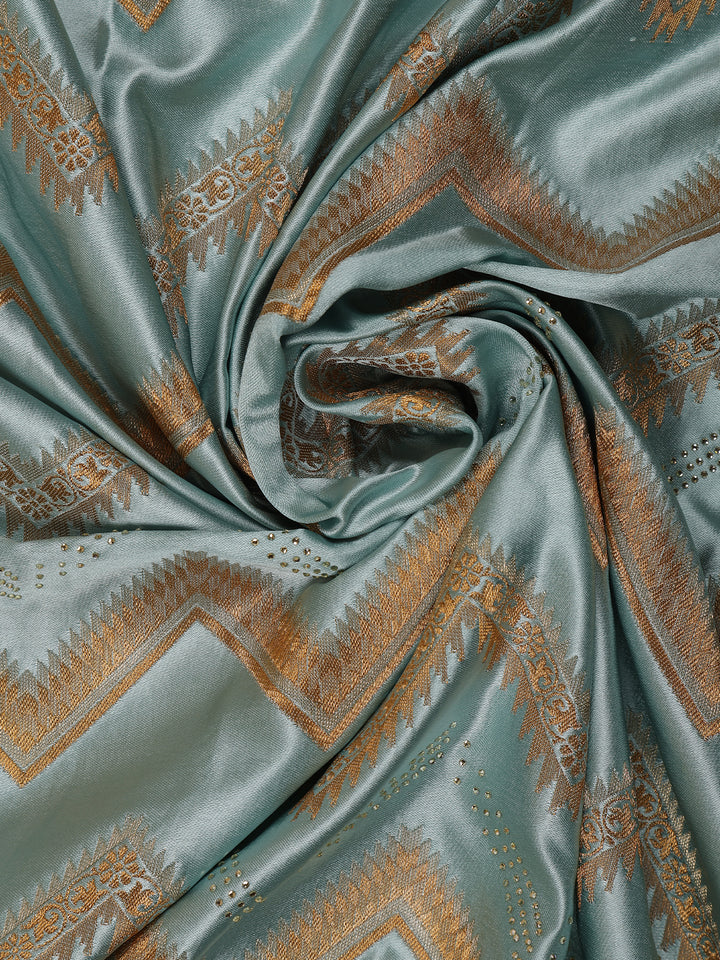 Seafoam Blue Zigzag Designed Satin Saree With Scalloped Embroidered Border - Diadem