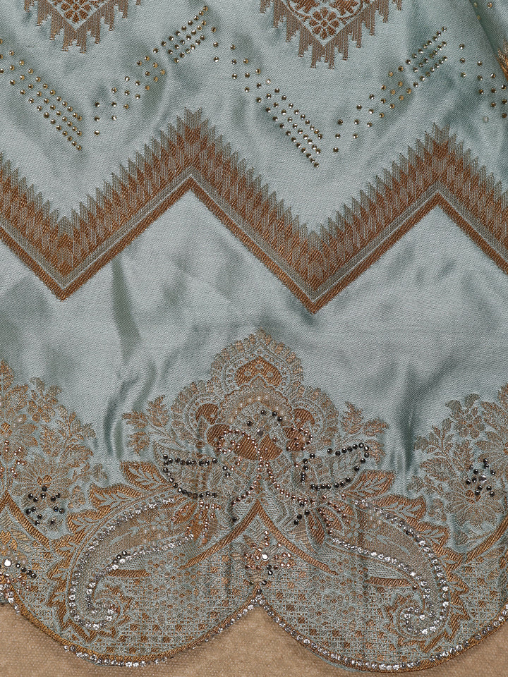 Seafoam Blue Zigzag Designed Satin Saree With Scalloped Embroidered Border - Diadem